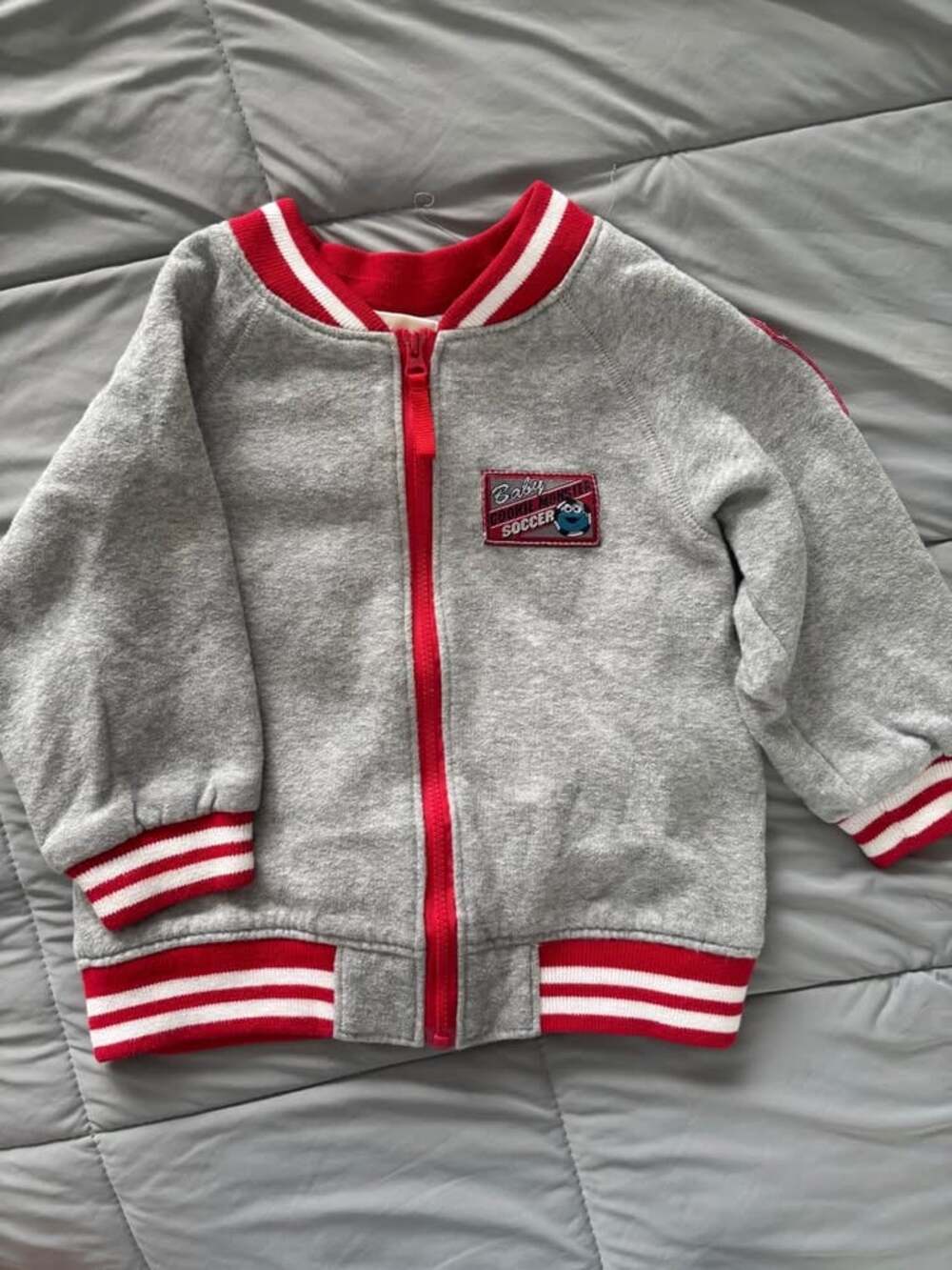 Vtg/ Y2K Sesame Street Cookie Monster Varsity Bomber Jacket Gray Red 18 Months